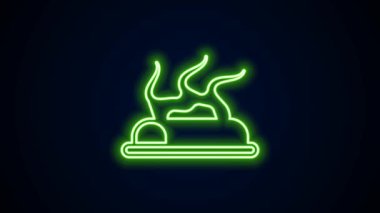 Parlayan neon hattı Kamp Ateşi simgesi siyah arka planda izole edildi. Odunla yanan şenlik ateşi. 4K Video hareketli grafik canlandırması