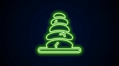 Parlayan neon hattı. Stack sıcak taşlar simgesi siyah arkaplanda izole edildi. Spa salonu aksesuarı. 4K Video hareketli grafik canlandırması