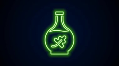Parlayan neon çizgisi. Siyah arka planda izole edilmiş temel yağ şişesi simgesi. Organik aromaterapi özü. Cilt bakımı serumu cam bırakma paketi. 4K Video hareketli grafik canlandırması