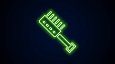 Parlayan neon hattı sauna fırçası simgesi siyah arkaplanda izole edildi. Banyoda yıkanmak için kaba kıllı ahşap bir fırça. Selülit önleyici masaj. 4K Video hareketli grafik canlandırması