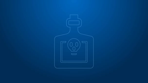 Línea blanca Botella con icono de poción aislada sobre fondo azul. Frasco con poción mágica. Feliz fiesta de Halloween. Animación gráfica de vídeo 4K — Vídeo de stock