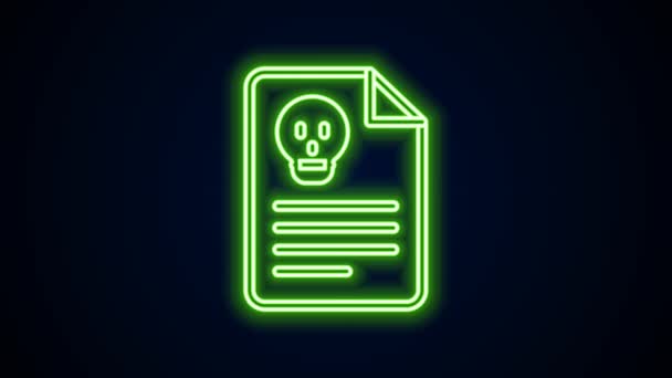 Linea neon incandescente Icona del documento di avviso di radiazione isolata su sfondo nero. File di testo. Animazione grafica 4K Video motion — Video Stock