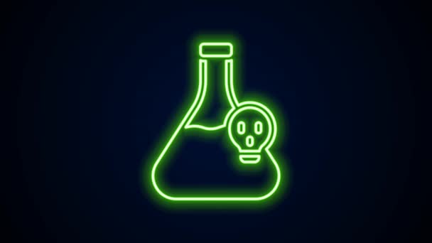 Siyah zemin üzerinde zehirli sıvı ikon bulunan parlak neon çizgisi laboratuvar kimyasal deney şişesi. Biyolojik tehlike sembolü. Radyasyon ikonu olan tehlikeli bir sembol. 4K Video hareketli grafik canlandırması — Stok video