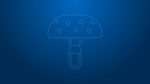 White line Amanita muscaria or fly agaric hallucinogenic toadstool mushroom icon isolated on blue background. Spotted poisonous mushroom. 4K Video motion graphic animation — Stock video