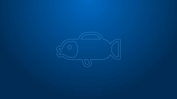 Línea blanca Icono de pez globo aislado sobre fondo azul. Fugu pescado pez globo japonés. Animación gráfica de vídeo 4K — Vídeos de Stock