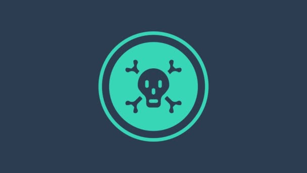 Turquoise Bones and skull as a sign of toxicity warning icon isolated on blue background. 4K Video motion graphic animation — Vídeo de Stock