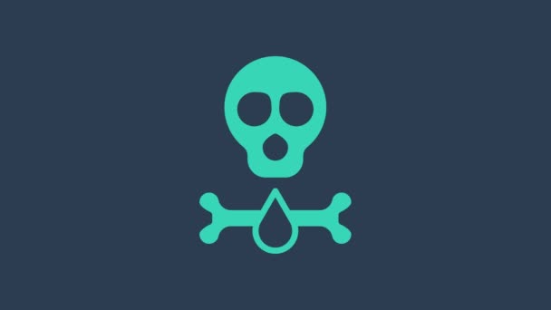 Turkuaz kemikler ve kafatası, mavi arka planda izole edilmiş toksik uyarı ikonu olarak görülüyor. 4K Video hareketli grafik canlandırması — Stok video