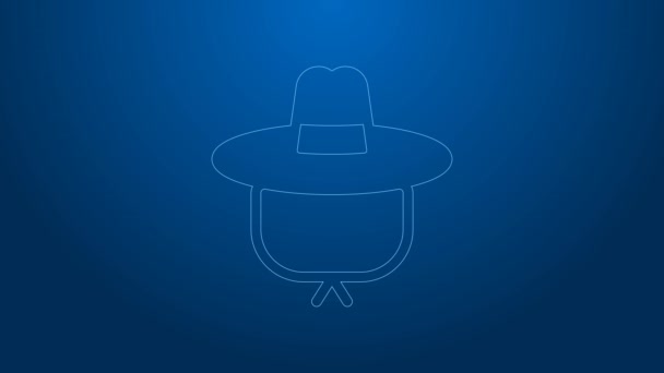 Línea blanca Icono de sombrero de camping aislado sobre fondo azul. Sombrero de playa panama. Explorador de los viajeros sombrero para la caza, senderismo, turismo. Animación gráfica de vídeo 4K — Vídeo de stock