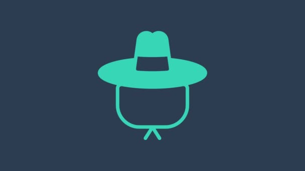 Turquoise Chapeau de camping icône isolé sur fond bleu. Chapeau de plage panama. Chapeau explorateur pour la chasse, la randonnée, le tourisme. Animation graphique de mouvement vidéo 4K — Video