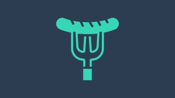 Saucisse turquoise sur l'icône fourchette isolée sur fond bleu. Saucisse grillée et arôme signe. Animation graphique de mouvement vidéo 4K — Video