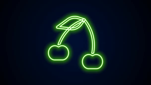Glowing neon line Cherry icon isolated on black background. Buah dengan simbol daun. Animasi grafis gerak Video 4K — Stok Video