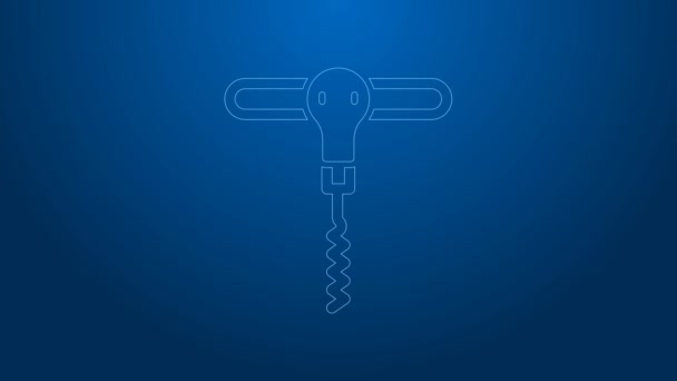 White line Wine corkscrew icon isolated on blue background. 4K Video motion graphic animation — Stock Video