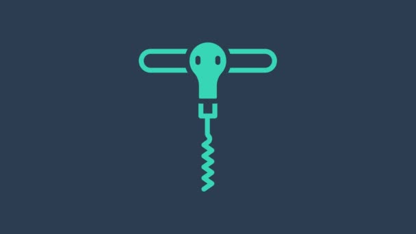 Turquoise Wine corkscrew icon isolated on blue background. 4K Video motion graphic animation — Stock Video