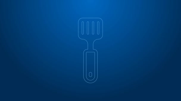 White line Spatula icon isolated on blue background. Kitchen spatula icon. BBQ spatula sign. Barbecue and grill tool. 4K Video motion graphic animation — Stock Video