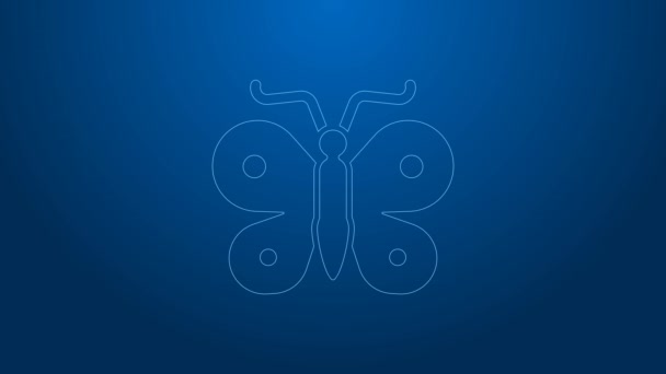 Weiße Linie Schmetterling-Symbol isoliert auf blauem Hintergrund. 4K Video Motion Grafik Animation — Stockvideo