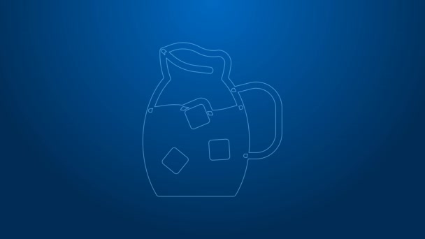 White line Jug glass with water icon isolated on blue background. Kettle for water. Glass decanter with drinking water. 4K Video motion graphic animation — Stock Video