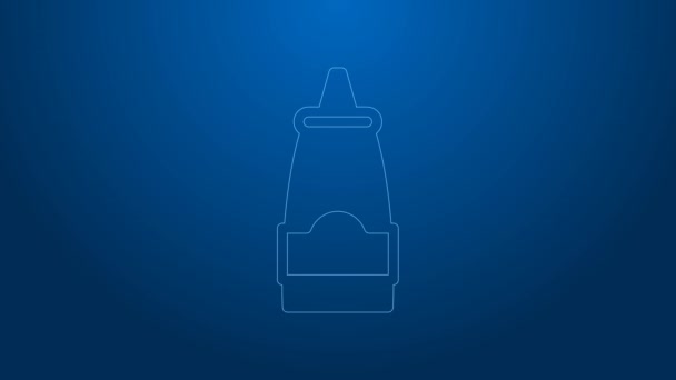 Bílá čára Omáčka láhev ikona izolované na modrém pozadí. Kečup, hořčice a majonéza s omáčkou na rychlé občerstvení. Grafická animace pohybu videa 4K — Stock video
