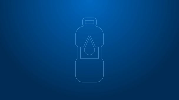 Línea blanca Icono de botella de agua aislado sobre fondo azul. Signo de bebida de soda aqua. Animación gráfica de vídeo 4K — Vídeo de stock