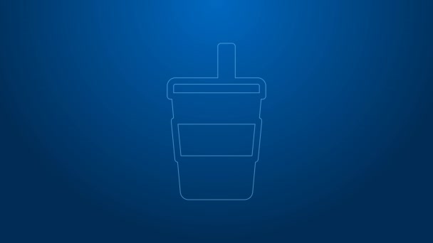 Белая линия Бумажный стакан с питьевой соломы и значок воды изолированы на синем фоне. Содовый стакан. Символ свежего холодного напитка. Видеографическая анимация 4K — стоковое видео