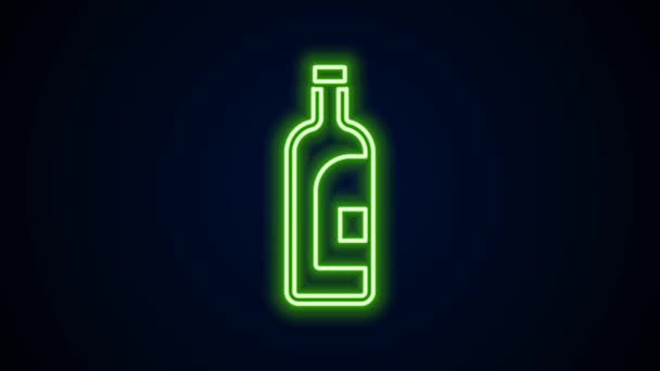 Línea de neón brillante Icono de botella de vino aislado sobre fondo negro. Animación gráfica de vídeo 4K — Vídeo de stock