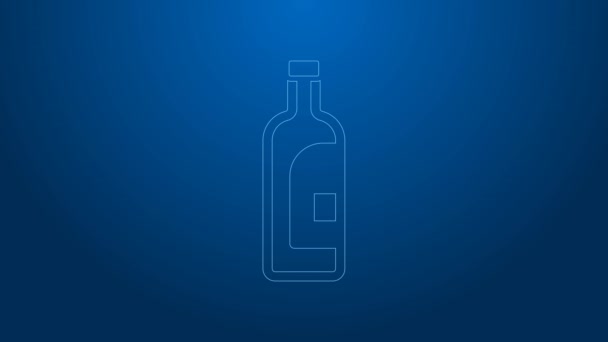 Ligne blanche Bouteille d'icône du vin isolée sur fond bleu. Animation graphique de mouvement vidéo 4K — Video