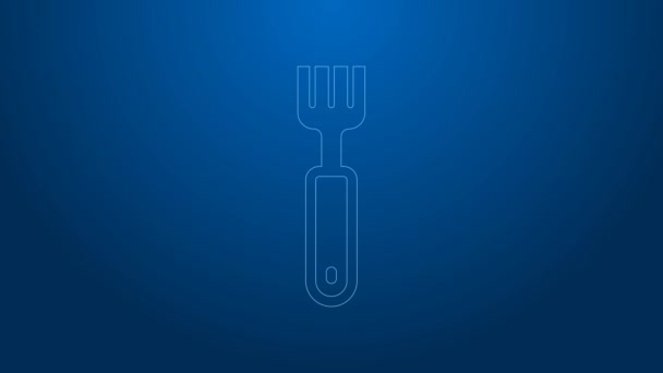 White line Fork icon isolated on blue background. Cutlery symbol. 4K Video motion graphic animation — Stock Video