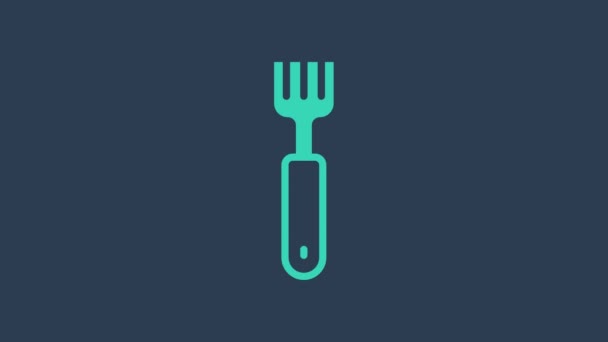 Turquoise Fork icon isolated on blue background. Cutlery symbol. 4K Video motion graphic animation — Stock Video