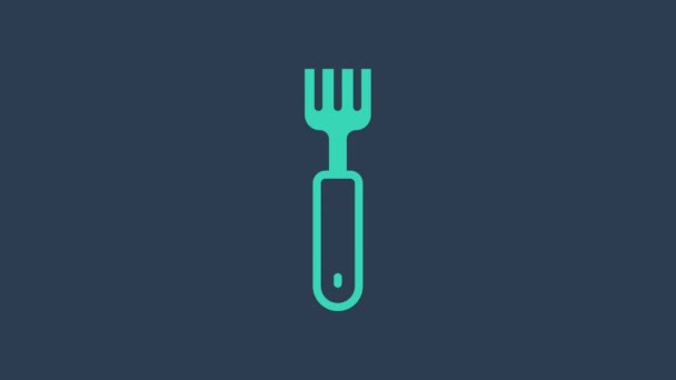 Turquoise Fork icon isolated on blue background. Cutlery symbol. 4K Video motion graphic animation
