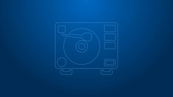 Vit linje Vinyl spelare med en vinyl diskikon isolerad på blå bakgrund. 4K Video motion grafisk animation — Stockvideo