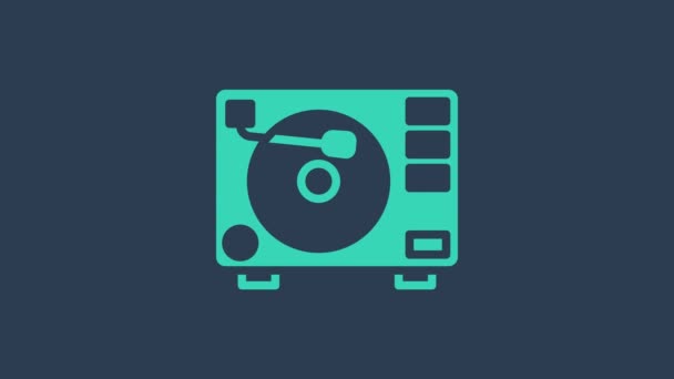 Turquoise Vinyl player with a vinyl disk icon isolated on blue background. 4K Video motion graphic animation — Stock Video