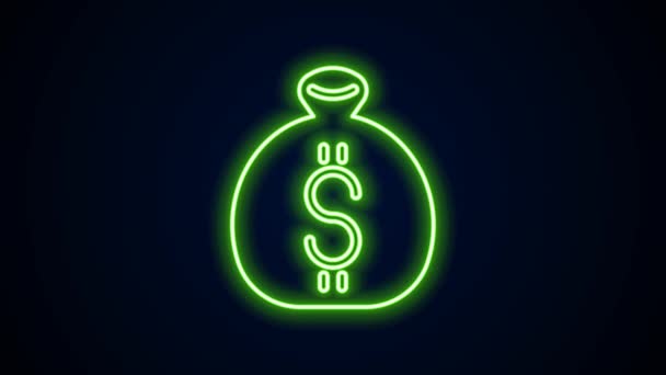 Zářící neonová čára Ikona tašky na peníze izolované na černém pozadí. Symbol dolaru nebo USD. Cash Banking currency sign. Grafická animace pohybu videa 4K — Stock video