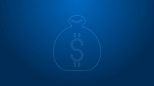 Línea blanca Icono de bolsa de dinero aislado sobre fondo azul. Dólar o símbolo USD. Signo de moneda bancaria en efectivo. Animación gráfica de vídeo 4K — Vídeos de Stock