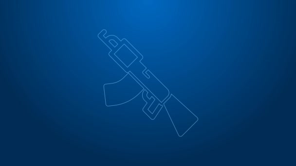 White line Submachine gun icon isolated on blue background. Kalashnikov or AK47. 4K Video motion graphic animation — Vídeo de Stock