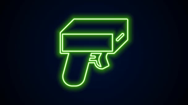 Glowing neon line Money gun icon isolated on black background. Shoot the toy gun with money. Cash machine gun. 4K Video motion graphic animation — Vídeo de Stock