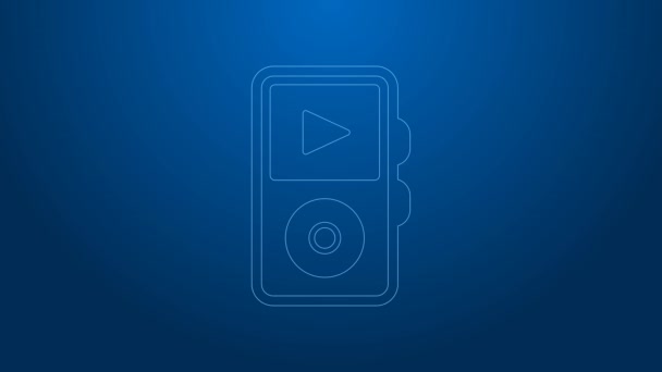 Linha branca Ícone do leitor de música isolado no fundo azul. Dispositivo de música portátil. Animação gráfica em movimento de vídeo 4K — Vídeo de Stock