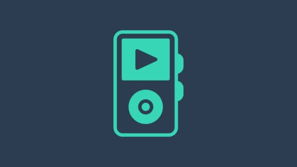Ícone de leitor de música turquesa isolado no fundo azul. Dispositivo de música portátil. Animação gráfica em movimento de vídeo 4K — Vídeo de Stock