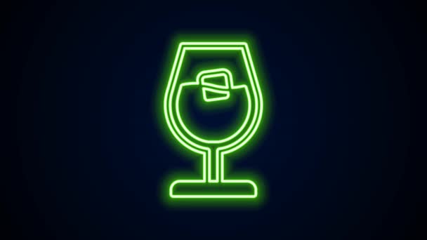 Siyah zemin üzerinde parlayan neon çizgisi şarap cam ikonu izole edilmiş. Şarap kadehi işareti. 4K Video hareketli grafik canlandırması — Stok video
