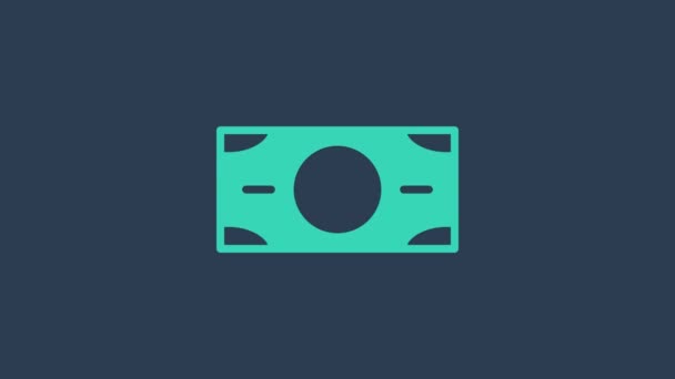 Turquoise Stacks χάρτινο εικονίδιο χρημάτων απομονωμένο σε μπλε φόντο. Τα χαρτονομίσματα στοιβάζονται. Λογαριασμό. 4K Γραφική κίνηση κίνησης βίντεο — Αρχείο Βίντεο