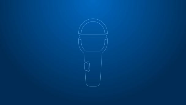 Bílá čára Mikrofon ikona izolované na modrém pozadí. Mikrofon vysílačkou. Mluvčí. Grafická animace pohybu videa 4K — Stock video