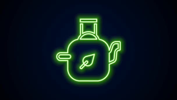 Glowing neon line Teapot with leaf icon isolated on black background. 4K Video motion graphic animation — Vídeo de Stock