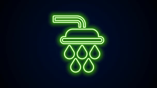 Glowing neon line Shower head with water drops flowing icon isolated on black background. 4K Video motion graphic animation — Stock Video