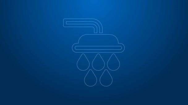 White line Shower head with water drops flowing icon isolated on blue background. 4K Video motion graphic animation — Stock Video