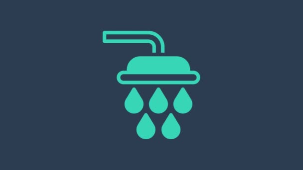 Cabeça de chuveiro turquesa com gotas de água ícone fluindo isolado no fundo azul. Animação gráfica em movimento de vídeo 4K — Vídeo de Stock