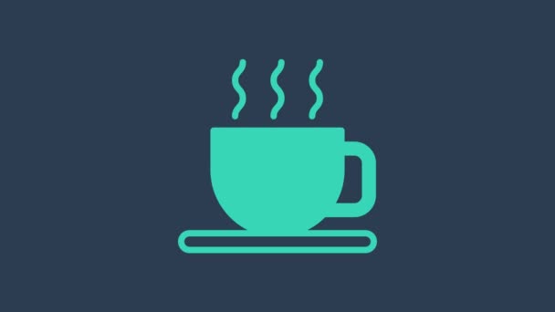 Turquoise Cup of tea icon isolated on blue background. 4K Video motion graphic animation — Video