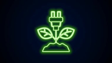 Siyah arkaplanda izole edilmiş yaprak simgesinde parlayan neon hattı elektrik kaydediliyor. Elektrik tasarrufu. Çevresel koruma. Biyolojik enerji. 4K Video hareketli grafik canlandırması