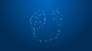 Mavi arkaplanda, yaprak simgesinde beyaz hat elektrik kaydediliyor. Elektrik tasarrufu. Çevresel koruma. Biyolojik enerji. 4K Video hareketli grafik canlandırması