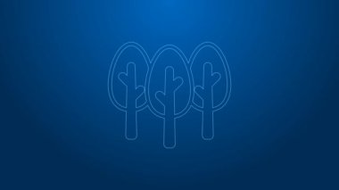 Beyaz çizgi ağaç simgesi mavi arkaplanda izole edildi. Orman sembolü. 4K Video hareketli grafik canlandırması