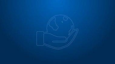 Beyaz çizgi insan eli, mavi arkaplanda Dünya 'nın simgesini tutuyor. Dünya kavramını sakla. 4K Video hareketli grafik canlandırması