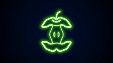 Parlayan neon hattı Apple çekirdek simgesi siyah arkaplanda izole edildi. Isırılmış elma sembolü. Elma koçanı silueti. Biyolojik ayrışma işareti. 4K Video hareketli grafik canlandırması