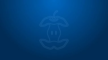 Beyaz çizgi Apple çekirdek simgesi mavi arkaplanda izole edildi. Isırılmış elma sembolü. Elma koçanı silueti. Biyolojik ayrışma işareti. 4K Video hareketli grafik canlandırması